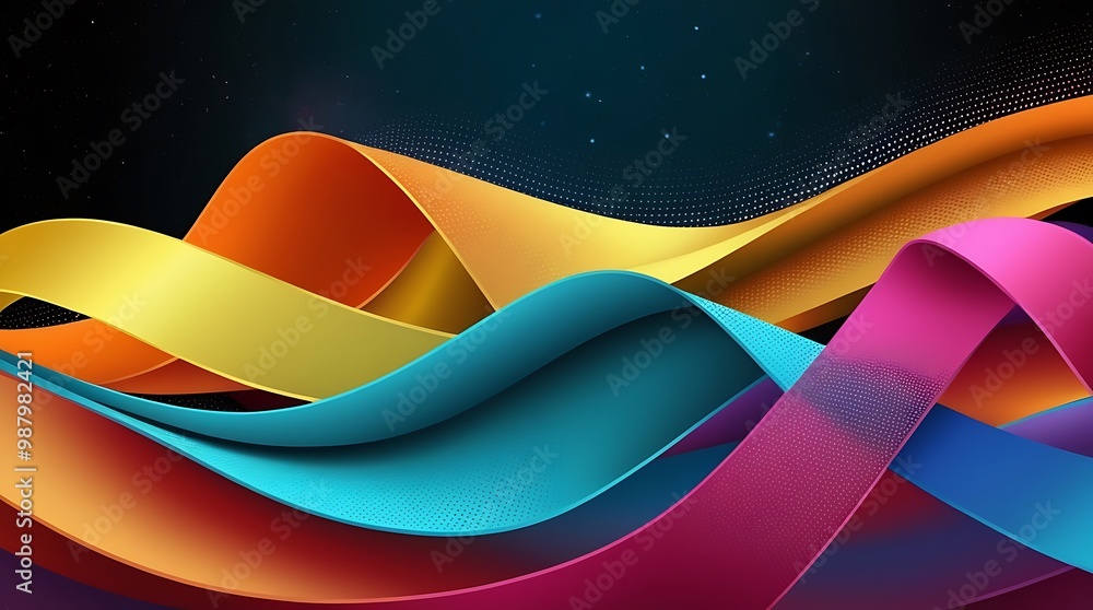 Poster digital abstract design background featuring a dynamic and colorful wave like ribbons that flow smoo