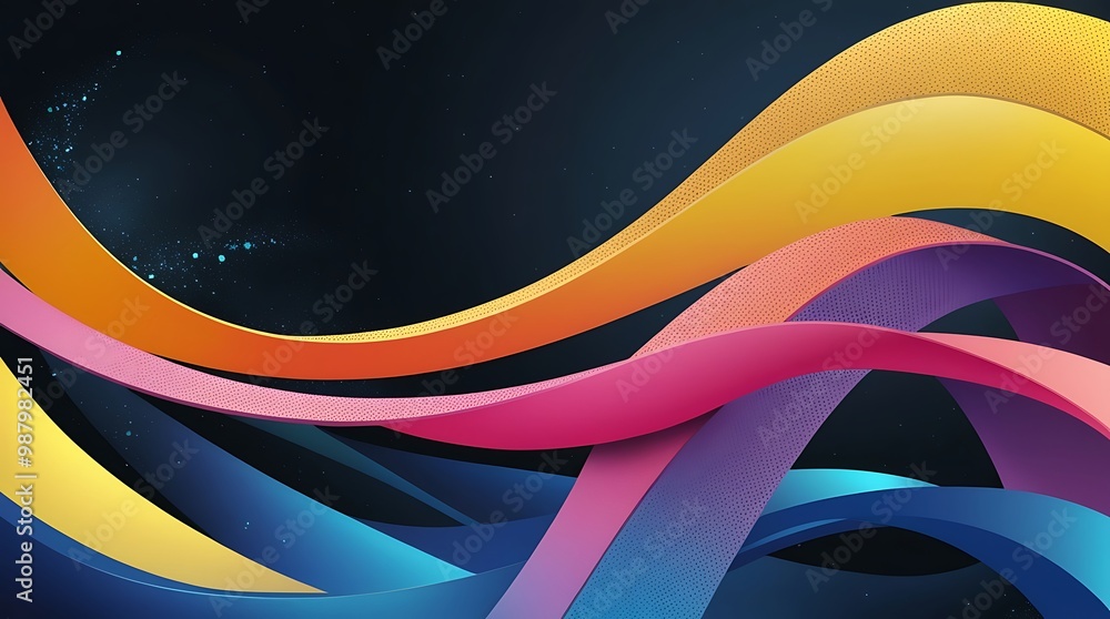 Poster digital abstract design background featuring a dynamic and colorful wave like ribbons that flow smoo
