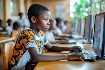 Young student engaged in e learning during computer class in the classroom setting