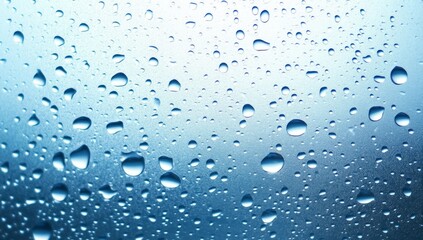 Close-up of water droplets on glass against a light blue background, highlighting the clarity and beauty of each raindrop, symbolizing tranquility and the serenity of nature.