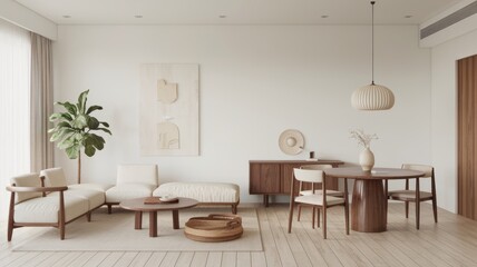 Minimalist, japandi interior design of modern living room with dining table.