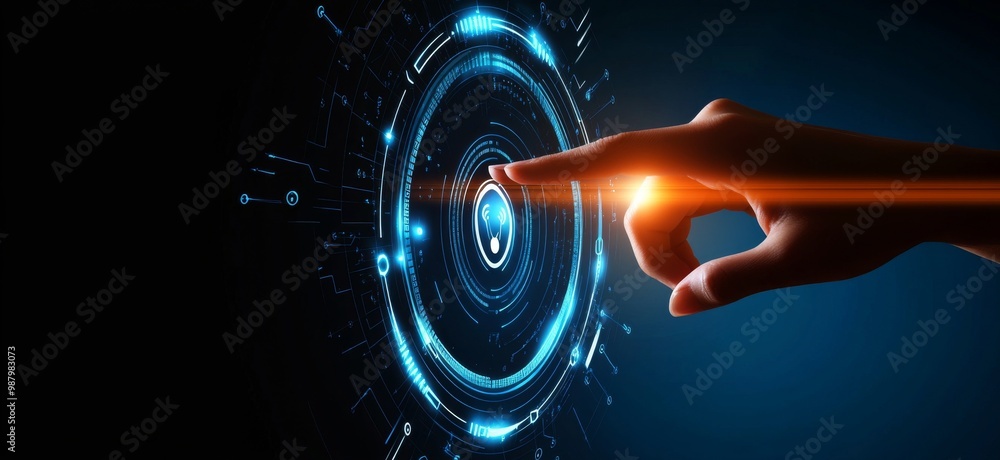 Poster touching a virtual abstract security icon representing network security and data protection, with a 