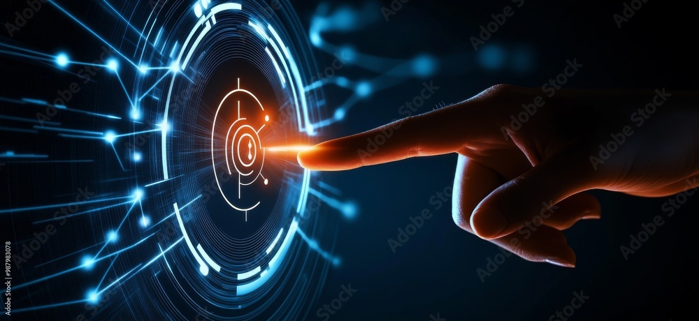 Poster touching a virtual abstract security icon representing network security and data protection, with a 