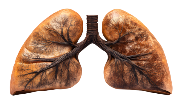 A pair of lungs with a brownish color and a tree-like appearance