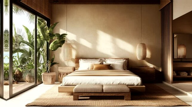 Luxury resort hotel bedroom interior design with a rewild feel. seamless looping time-lapse virtual 4k video animation background