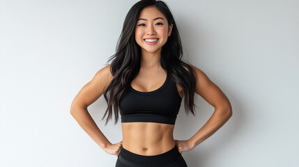 Obraz premium Photo Happy smiling Asian bodybuilder girl with black outfits. 