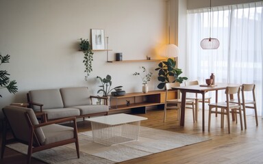 Minimalist, japandi interior design of modern living room with dining table.
