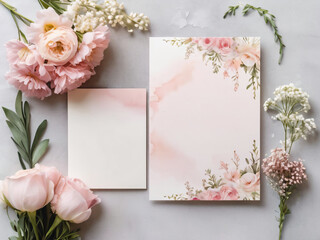 A blank wedding invitation adorned with a watercolor floral frame