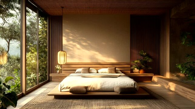 Luxury resort hotel bedroom interior design with a rewild feel. seamless looping time-lapse virtual 4k video animation background