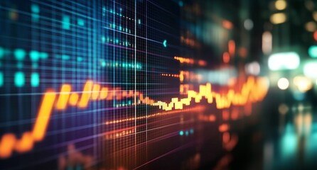 Stock market graph illustrating upward securities growth with a bokeh background and holographic elements in orange and indigo.