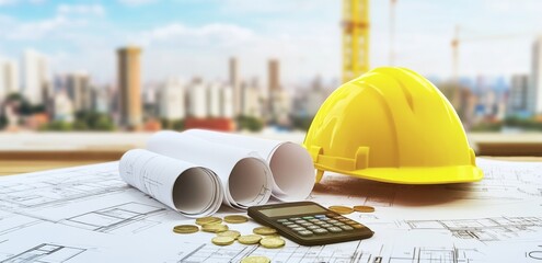 Yellow construction helmet resting on blueprints at an industrial site, surrounded by paper rolls, coins, and a calculator, symbolizing themes of real estate development and urban planning.