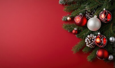 Minimalistic Pine Branches and Christmas Decorations on Red Background, Top-Down View