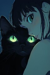 A black cat with glowing green eyes, in a cartoon style, set at night, with a...