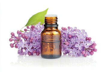 A bottle of essential oil surrounded by fresh lilac flowers, beautifully isolated against a clean white background, showcasing the essence of relaxation and natural wellness.