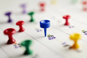 Close-up of a colorful calendar with vibrant pushpins, focusing on a blue pin symbolizing a highlighted event, while scattered red, green, yellow, and purple pins represent other important dates and e