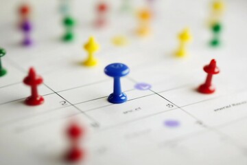 Close-up of a colorful calendar with vibrant pushpins, focusing on a blue pin symbolizing a highlighted event, while scattered red, green, yellow, and purple pins represent other important dates and e
