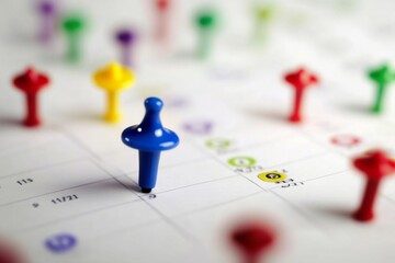 Close-up of a colorful calendar with vibrant pushpins, focusing on a blue pin symbolizing a highlighted event, while scattered red, green, yellow, and purple pins represent other important dates and e