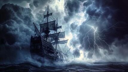 Old ship in hurricane, dark clouds and lightning.