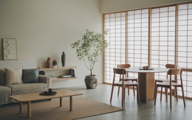 Minimalist, japandi interior design of modern living room with dining table.