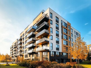 Modern apartment building exterior with panoramic windows and balconies in Scandinavian style under blue sky, showcasing contemporary residential design and urban real estate concept.