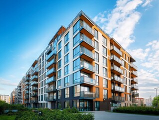 Modern apartment building exterior with panoramic windows and balconies in Scandinavian style under blue sky, showcasing contemporary residential design and urban real estate concept.