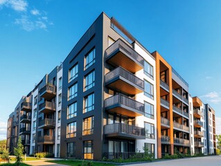 Modern apartment building exterior with panoramic windows and balconies in Scandinavian style under blue sky, showcasing contemporary residential design and urban real estate concept.