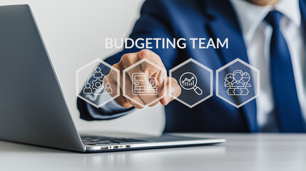  Business professional interacts with digital icons labeled 'Budgeting Team,' symbolizing financial planning, teamwork, and corporate budgeting strategies.