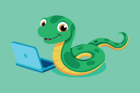 Vector illustration of cute green python coding on the laptop