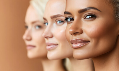 Fototapeta premium Diverse Women Standing Together, Close-Up Portrait with Warm Lighting and Soft Smiles