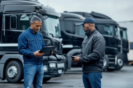 Freight transportation manager and truck driver review safety checklist in parking lot setting