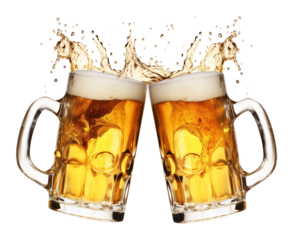 Two Beer Mug Toast Cheers Splash Isolated on Transparent Background PNG
