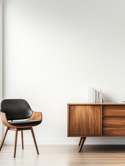 Modern minimalist interior featuring a black chair and a wooden sideboard against a white wall.