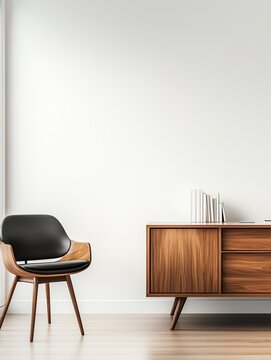 Modern minimalist interior featuring a black chair and a wooden sideboard against a white wall.