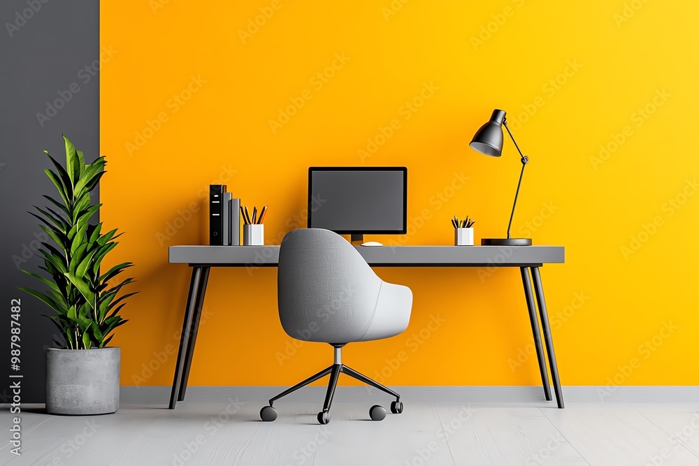 Aufkleber mustard yellow and grey color palette, used in a minimalist home office setup with clean lines and m