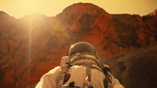 Woman astronaut explores Martian landscape in advanced space suit