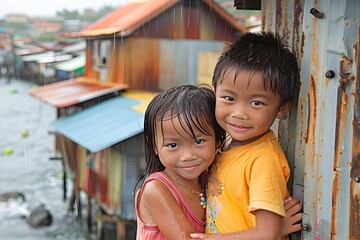 Obraz premium Despite living in poverty, these two children remain happy and hopeful for the future. This image shows the strength and resilience of the human spirit in the face of adversity.