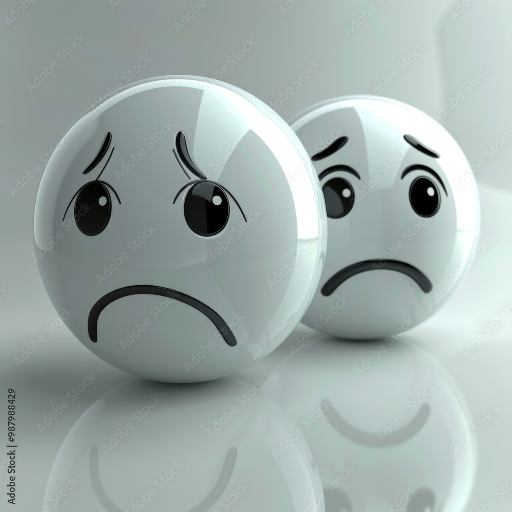Poster two white sad face emoji with black outlines on a white background. the left emoji faces the viewer 