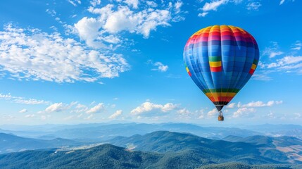 Fototapeta premium A brightly colored hot air balloon floats above a stunning mountain range reaching towards a sunrise sky. The image is perfect as a travel concept or adventure theme.