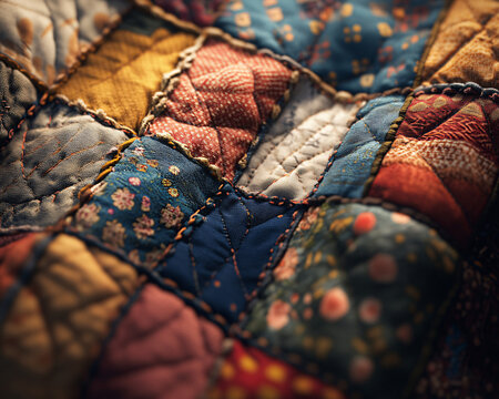 close-up texture of colorful patchwork quilt fabric