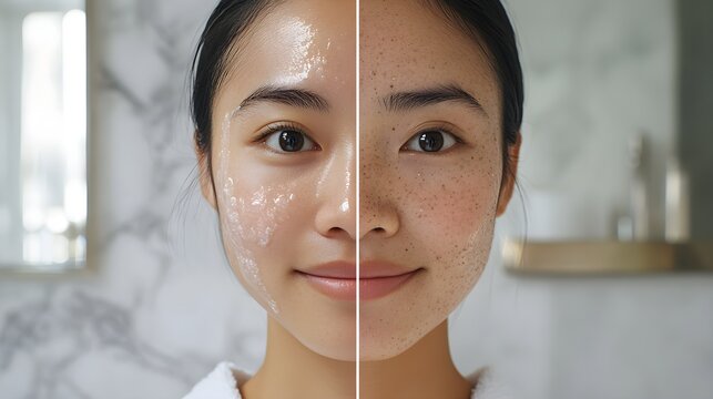 Visual testimonial showing blackhead removal progress with chemical exfoliation, comparing before clogged pores to the after effect of clear, smooth skin
