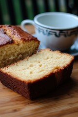 Close-up of a sliced loaf of golden pound cake with a cup of tea on a wooden table.