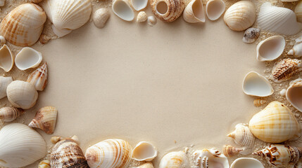 Obraz premium seashells: a natural frame made from small seashells, arranged symmetrically around the edges of a soft sandy background, each shell has a distinct shape and texture