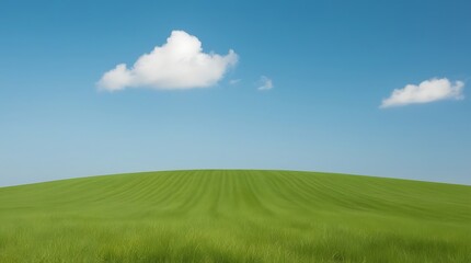 Landscape image featuring a vast, gently rolling green hill under a clear vibrant blue sky.