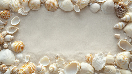Obraz premium seashells: a natural frame made from small seashells, arranged symmetrically around the edges of a soft sandy background, each shell has a distinct shape and texture