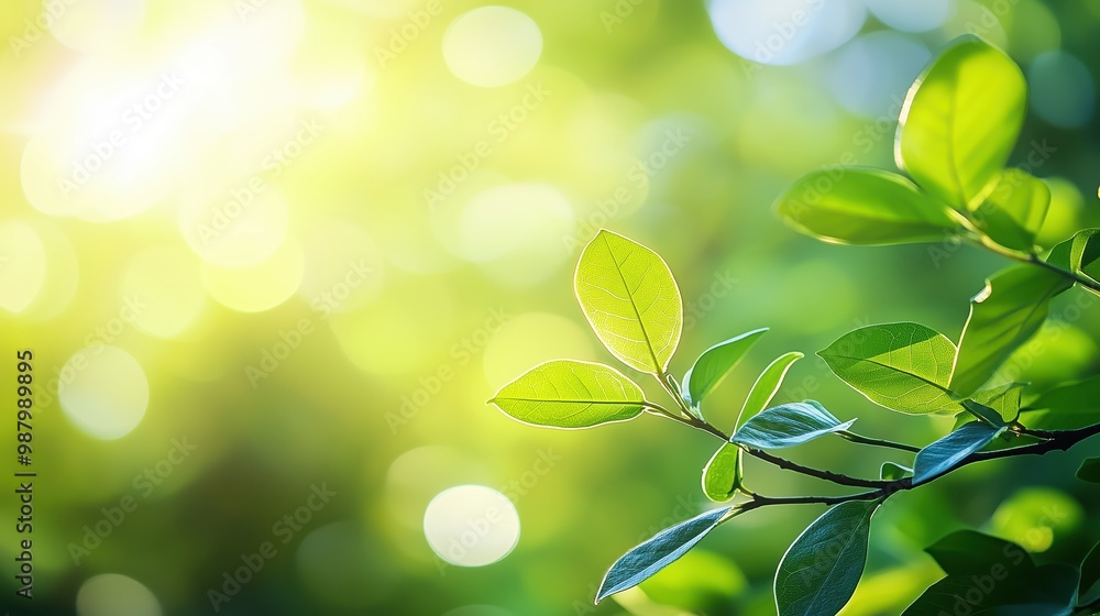 Poster close-up of green leaves on a branch with sunlight filtering through, creating a bright and serene a