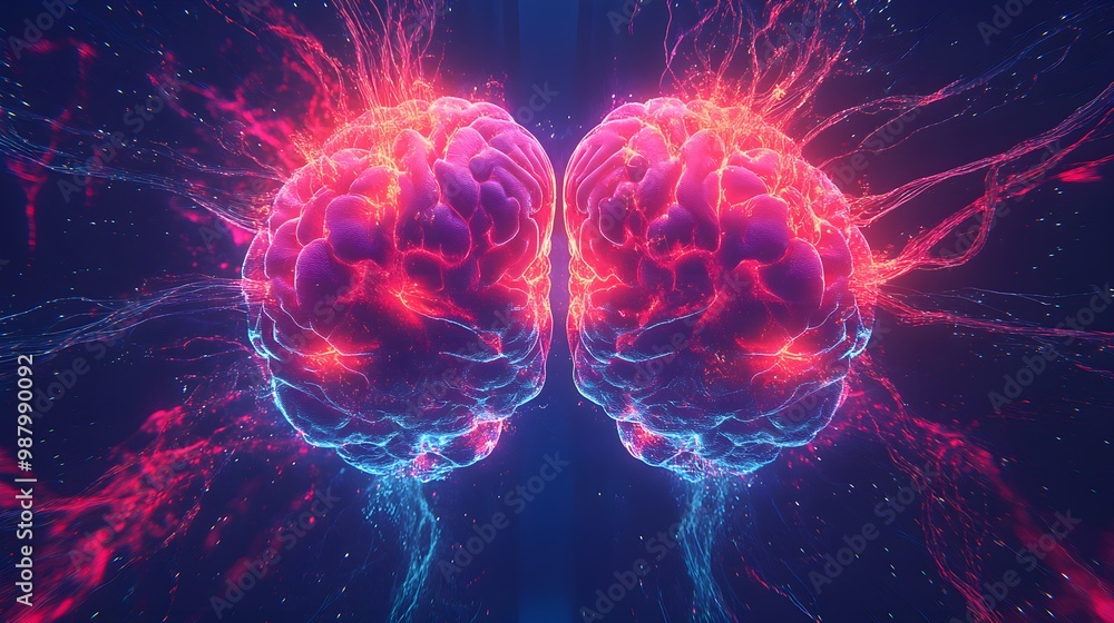 Wall mural digital hologram of two interconnected brains with glowing neural patterns, vibrant and futuristic, 