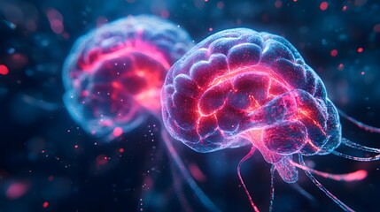 Digital hologram of two interconnected brains with glowing neural patterns, vibrant and futuristic, representing intellectual fusion, neon tones, intricate details