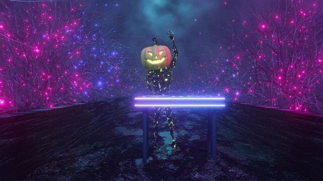 Halloween monster with flaming orange pumpkin headed as a DJ character at a party at the control panel. Mystical Halloween holiday show. Mysterious magic party. Creative fun deejay. 3d stock video