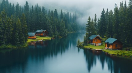 Obraz premium High-angle shot of a tranquil lake framed by tall evergreens, with cozy cabins on the shore. The calm waters mirror the vibrant green landscape