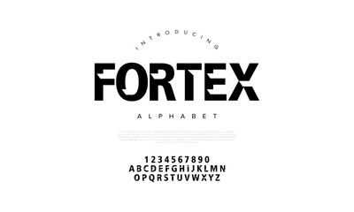 Fortex creative modern geometric urban alphabet font. Digital abstract futuristic, game, techno, robot, music, logo, sport, minimal technology typography. Simple numeric vector illustration